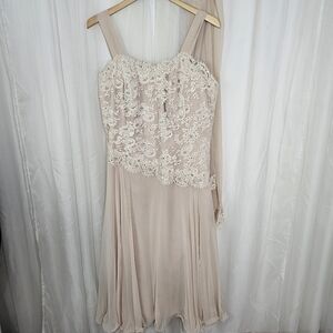 Vintage Rose Taft Champagne Beige Lace Bodice A-Line Silk Dress Rhinestone